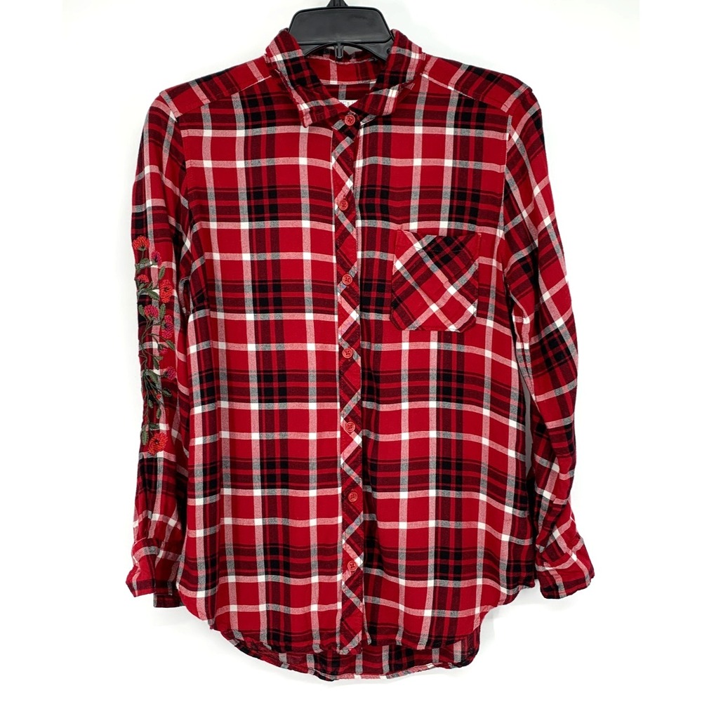 Time and Tru Shirt Top Plaid Red Button Up Embroidered Long Sleeve Womens Small